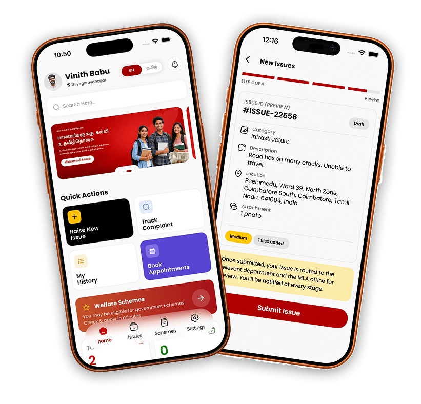 Voice of People mobile app screens showing the home page and issue submission form